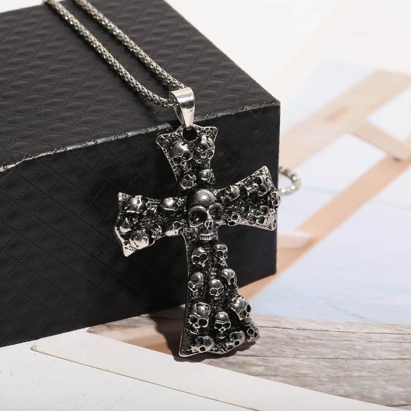 Pendant Necklace Classification Alloy Chain Material Hip-Hop Punk Cross Skull Alloy Box Chain Pendant Necklaces Wholesale