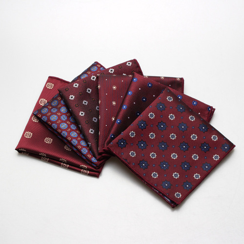 Men's formal wear, business wedding actor suit, polyester burgundy pattern pocket square, optional gift box