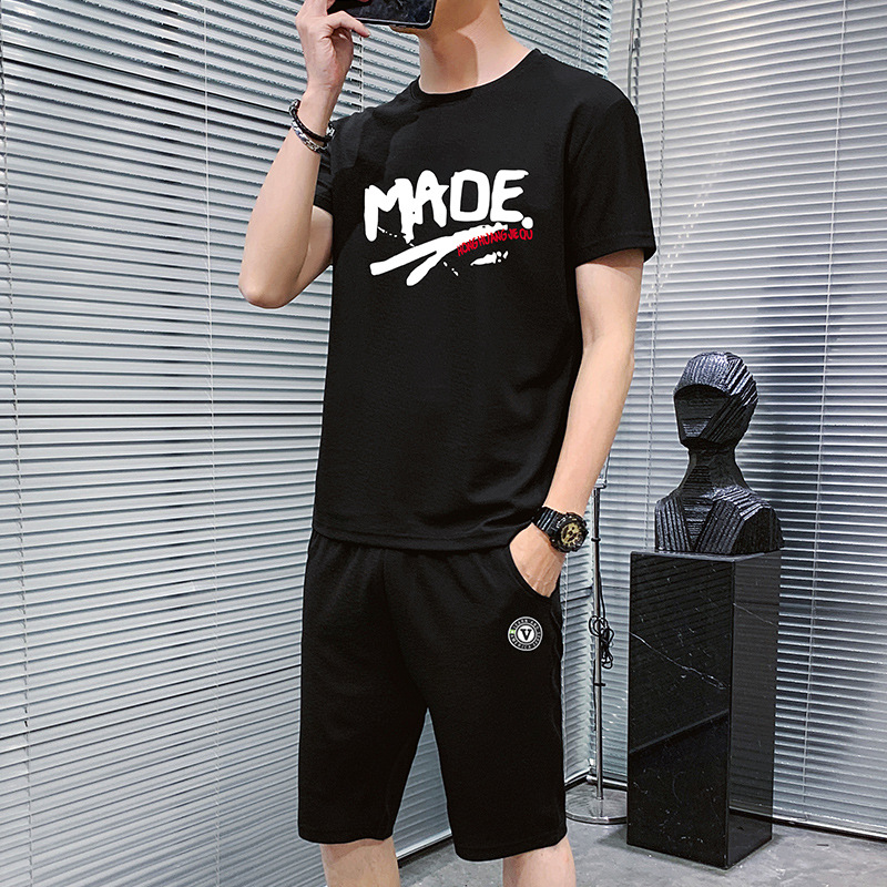潮牌运动套装男两件套短袖夏季新款男士韩版修身圆领百搭休闲T恤|ru