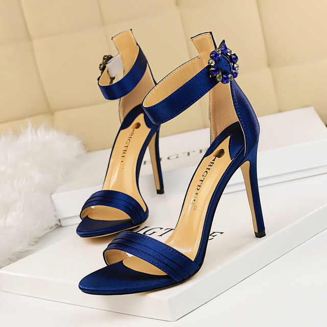 Sexy high heel silk open toe sandals with diamond buckle