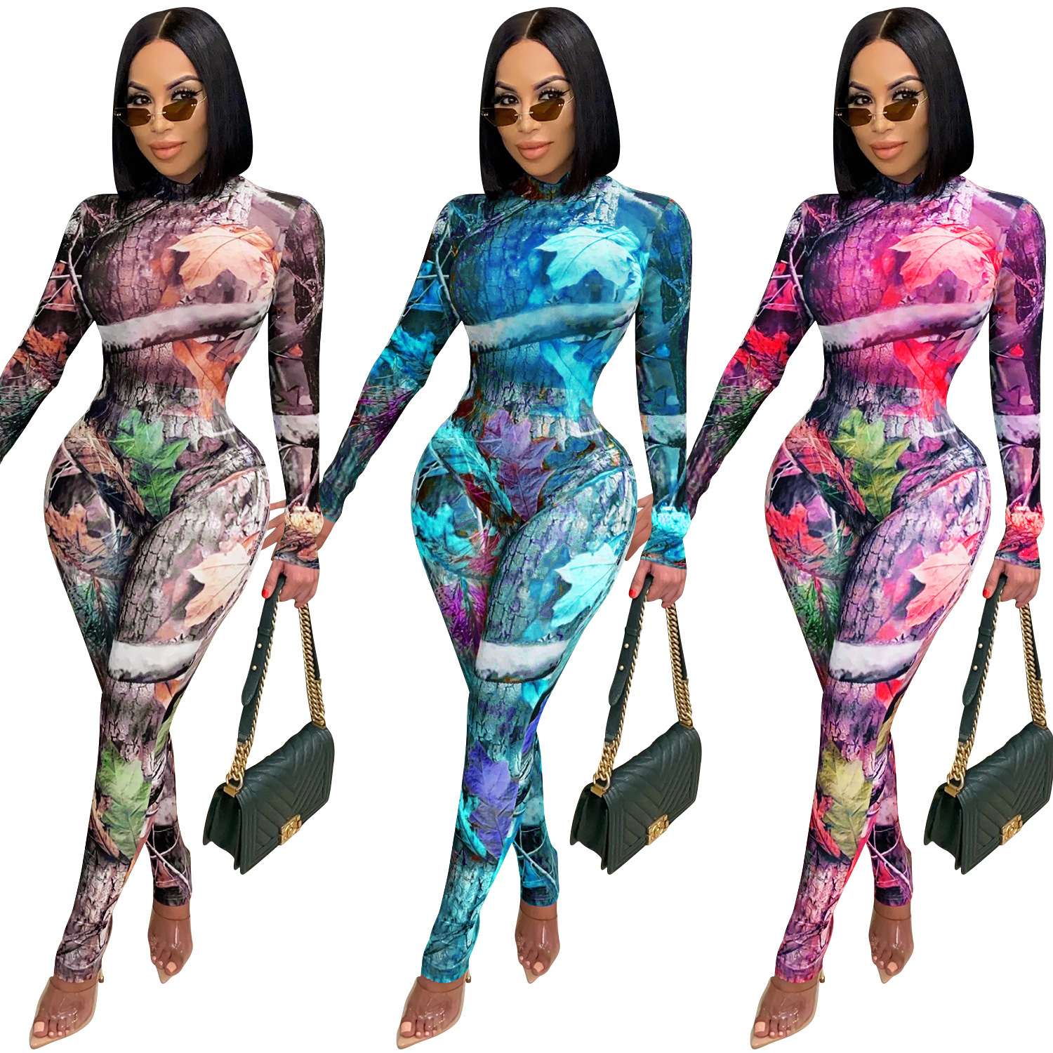 Long Sleeve One-Piece Top Slim Trouser Perspective Mesh Print 2 Piece Set NSFYZ112485