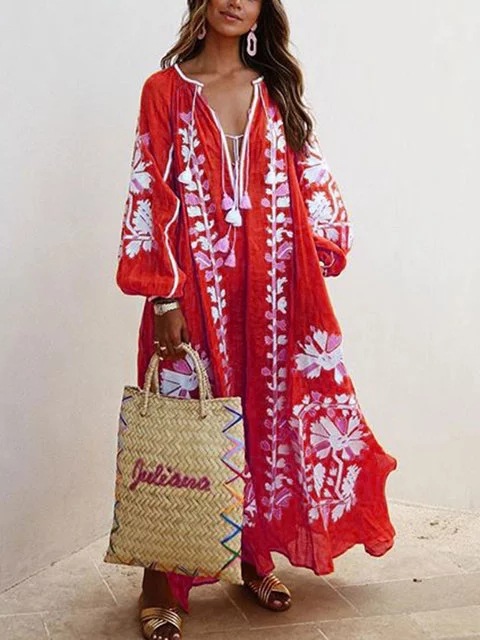 European and American Plus Size Printing Loose Lantern Sleeve Long Dress