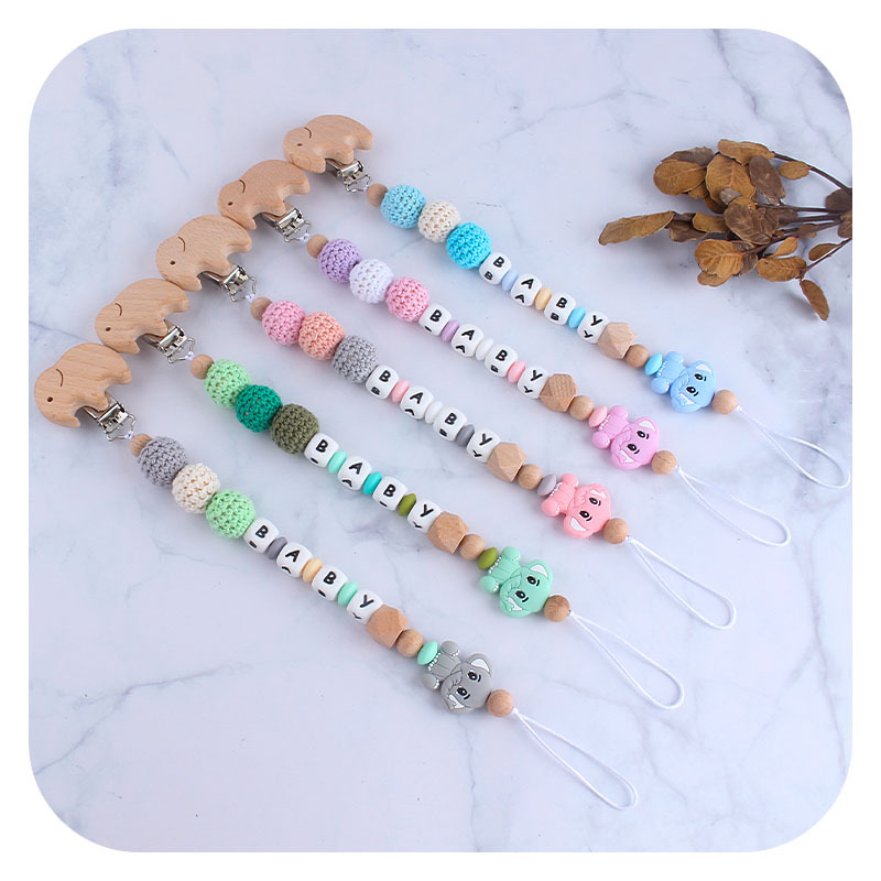 DIY creativo nuevo clip de chupete de elefante de haya cuentas de silicona bebé elefante molar Cadena de chupete de juguete cadena anti-caída