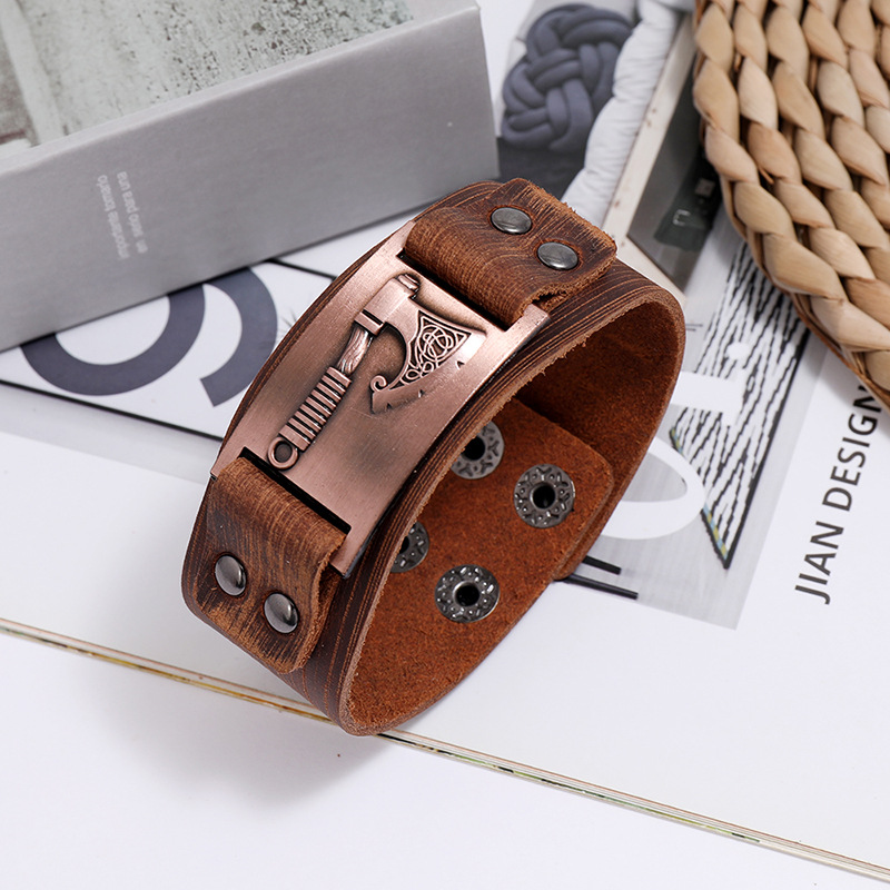 Viking Tomahawk Leather Retro Simple Punk Menu0027s Locomotive Wide Leather Bracelet wholesale nihao