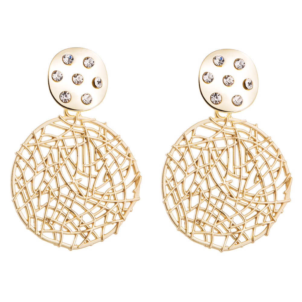 S925 Pin Korean Fashion Earrings Diamond Hollow Round Mesh Alloy Gold Stud Earrings display picture 6