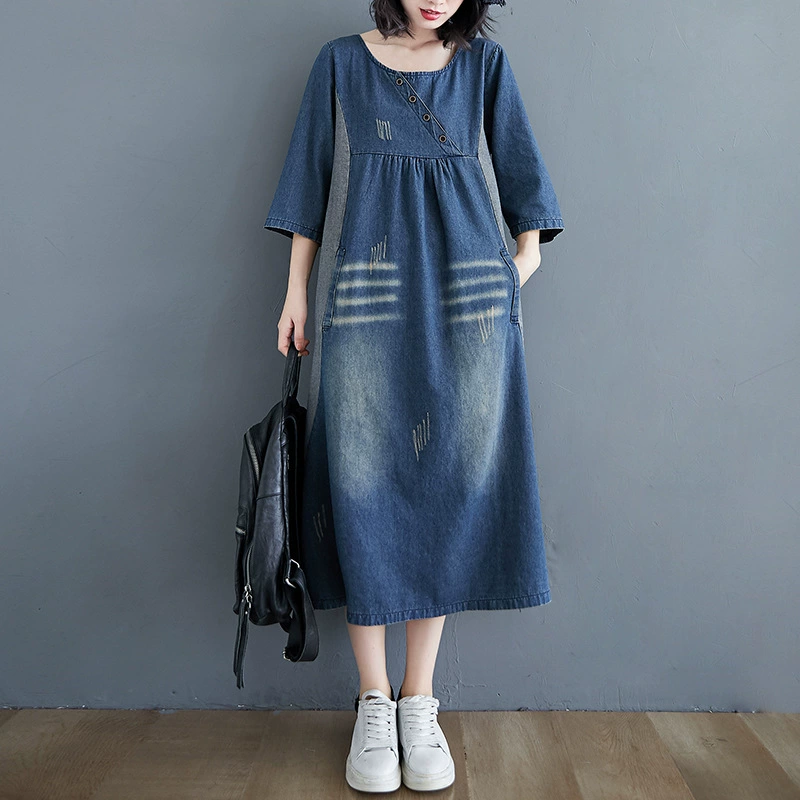 Retro long autumn denim dress, plus size, loose fit, mid-length, maxi length