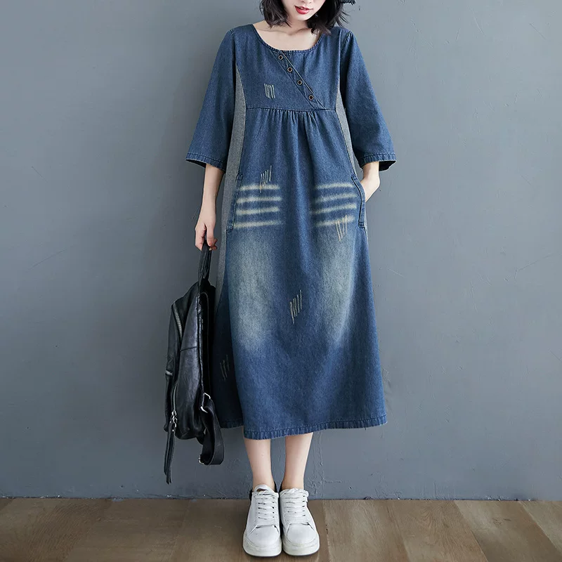 Retro long autumn denim dress, plus size, loose fit, mid-length, maxi length