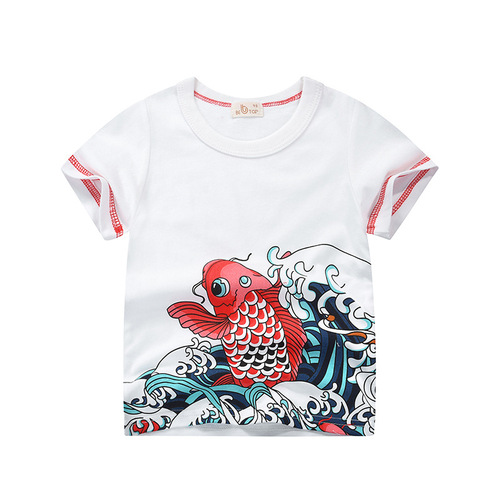 Factory Direct Sales Top Brand Children's Clothing 2024 Chinese Style Children's Summer T-shirt Pure Cotton Lion Dragon Head