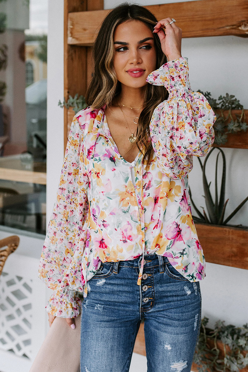 Autumn long-sleeved v-neck button floral chiffon top nihaostyles wholesale clothing NSQSY92647