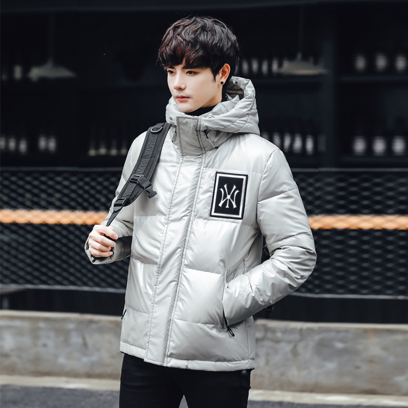 新款亮面羽絨服男士短款青年韓版修身休閑加厚保暖連帽情侶外套潮