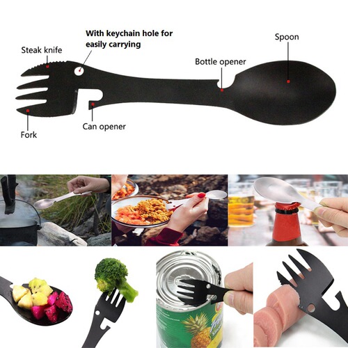 Stainless steel multifunctional knife, fork and spoon picnic 5-in-1 all-in-one fork and spoon EDC gadget outdoor camping convenient tableware
