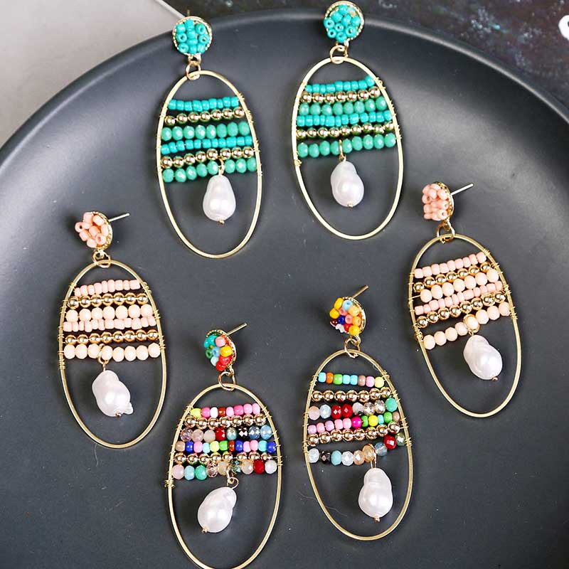 Korean Bohemian Hand Woven Geometric Rice Bead Creative Oval Earrings display picture 4