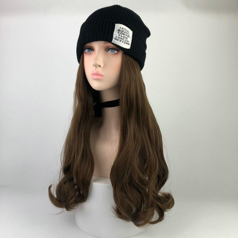 fashion wool knitted hat wig all in one winter warm Ruili long curly big wave full head cover_voghion.com