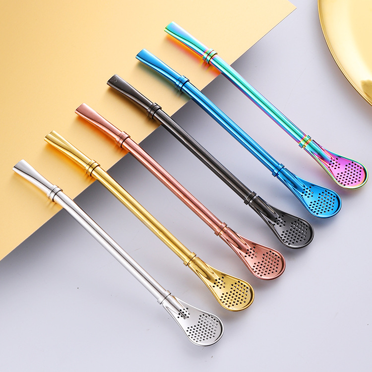 304不鏽鋼吸管勺 創意多色兩用花茶咖啡奶茶過濾攪拌勺 廠家批發