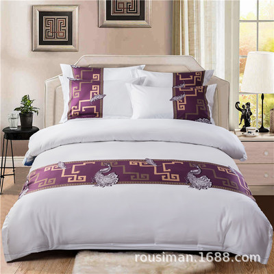 酒店床上用品60支贡缎纯棉印色织条绣花四件套民宿床品个性化定制