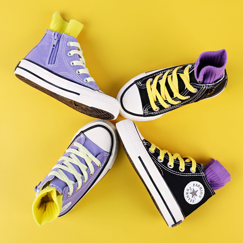 2021春秋新款男童板鞋童鞋女童休閑運動鞋糖果色兒童高幫帆布鞋