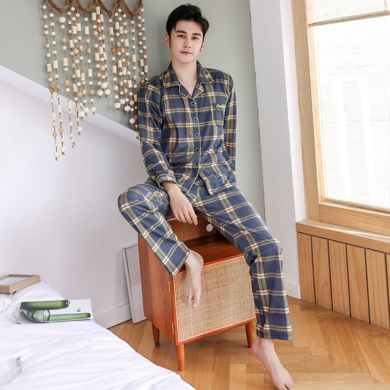 Pijamas hombres de manga larga 100% algodón primavera y otoño pijamas de algodón de los hombres traje de invierno homewear