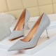 17189-A2 European and American wind banquet high heels for women's shoes with metal spike shallow mouth pointed sequins cloth women's shoes