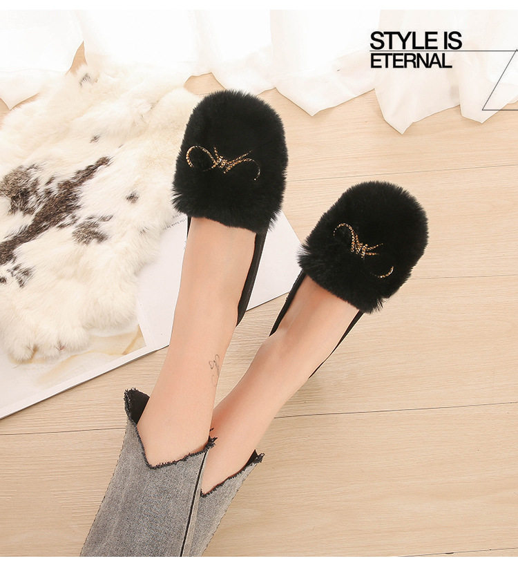 Giày lười nữ lông thỏ có nơ, lót lông ấm, đế thấp 1–3 cm — Màu xám, Màu đen chi tiết 14