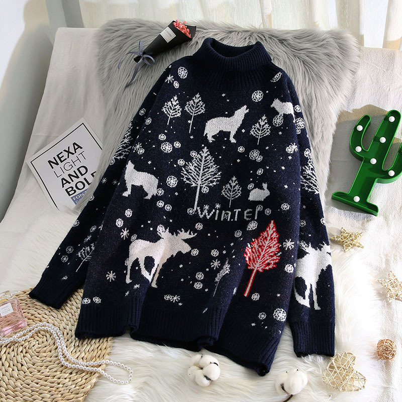 Women's Clothing Autumn and winter loose outer wear retro style thick wear Christmas super fairy high collar pullover sweater female lazy trend_voghion.com