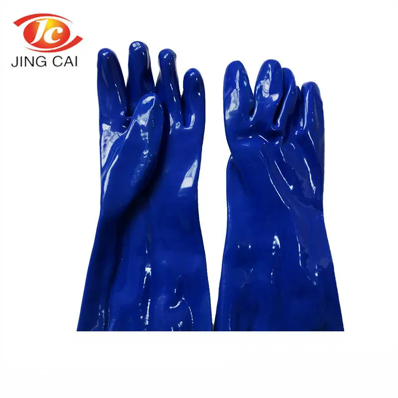 35cm蓝色光面防化PVC手套 劳保工作手套 工业手套批发
