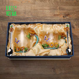 新款花茶杯定 制创意圆柱形蝴蝶玫瑰水杯家用餐厅珐琅杯礼品套盒