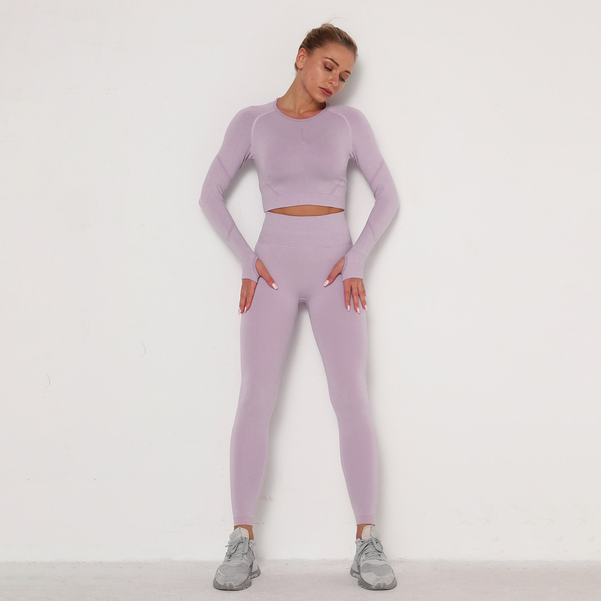 seamless fold high waist slim tight long sleeve yoga suit NSLX8985