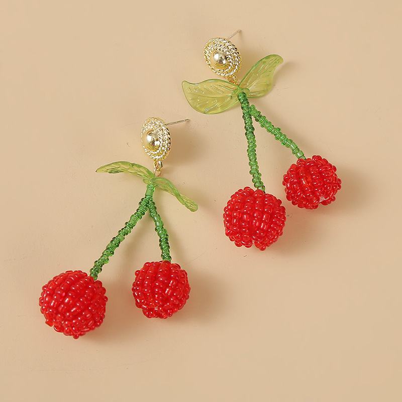 Fashion Cute  Creative Handmade Red Glass Rice Beads Cherry Earrings  Korean Personality Cute Fruit Earrings Jewelry Nihaojewelry Wholesale display picture 4