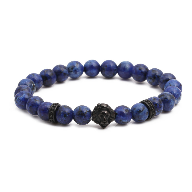 Stainless Steel Lion Head Bracelet Blue Stone Beaded Men&#39;s Bracelet display picture 2