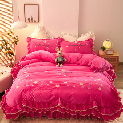 加厚保暖水晶绒床裙四件套秋冬宝宝绒公主风少女心法莱绒花边套件