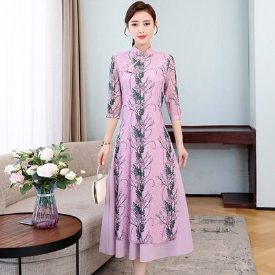 2020夏季新款 蕾丝旗袍长款气质风日常生活装改良版时尚连衣裙|ru