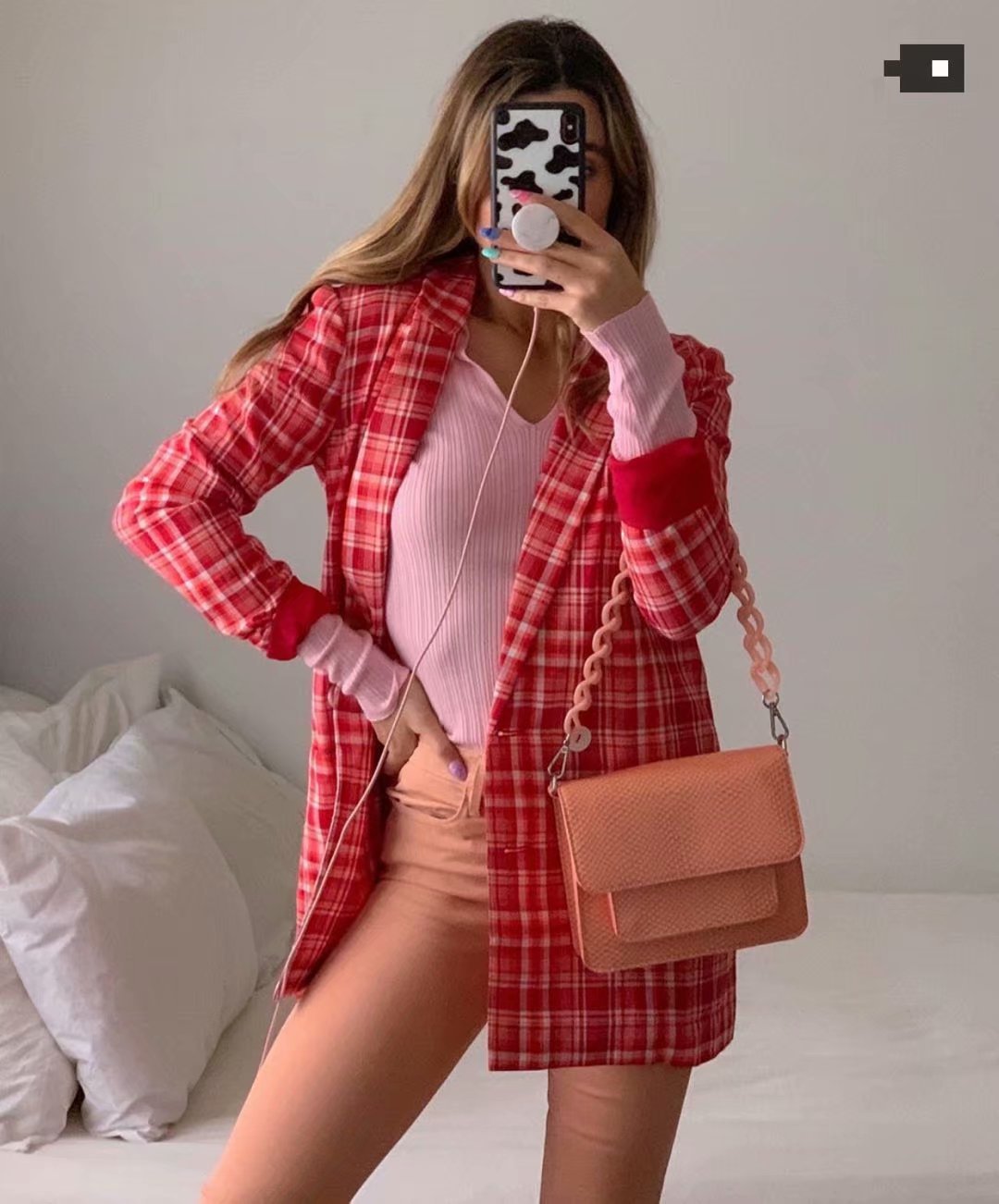 Wholesale autumn blogger retro red plaid double-breasted casual suit jacket  NSAM3106