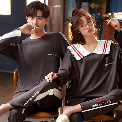纯棉加厚情侣睡衣秋季长袖春秋款男士女士全棉家居服套装可外穿