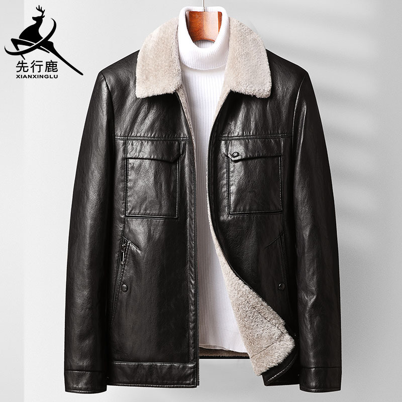 先行鹿2020秋冬翻毛領加絨內裏中老年皮衣男加絨加厚