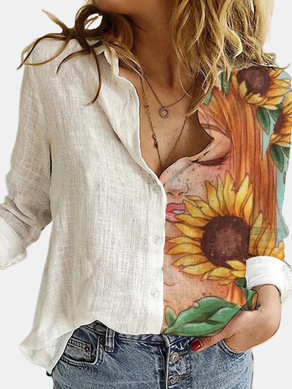 2020 Foreign Trade Cross-border Fashion Women's Loose Glub Cotton Sunflower Digital Printing Long Sleeve Shirt 8930