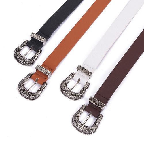  New Big Brand Brogue Retro Decoration Women's PU Belt Versatile Jeans Imitation Leather Women's Wide Belt