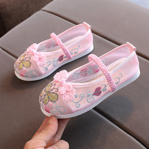 Children's breathable mesh shoes with Chinese style, embroidered girl's shoes, ethnic style, old Beijing Hanfu cloth shoes, summer edition sandals