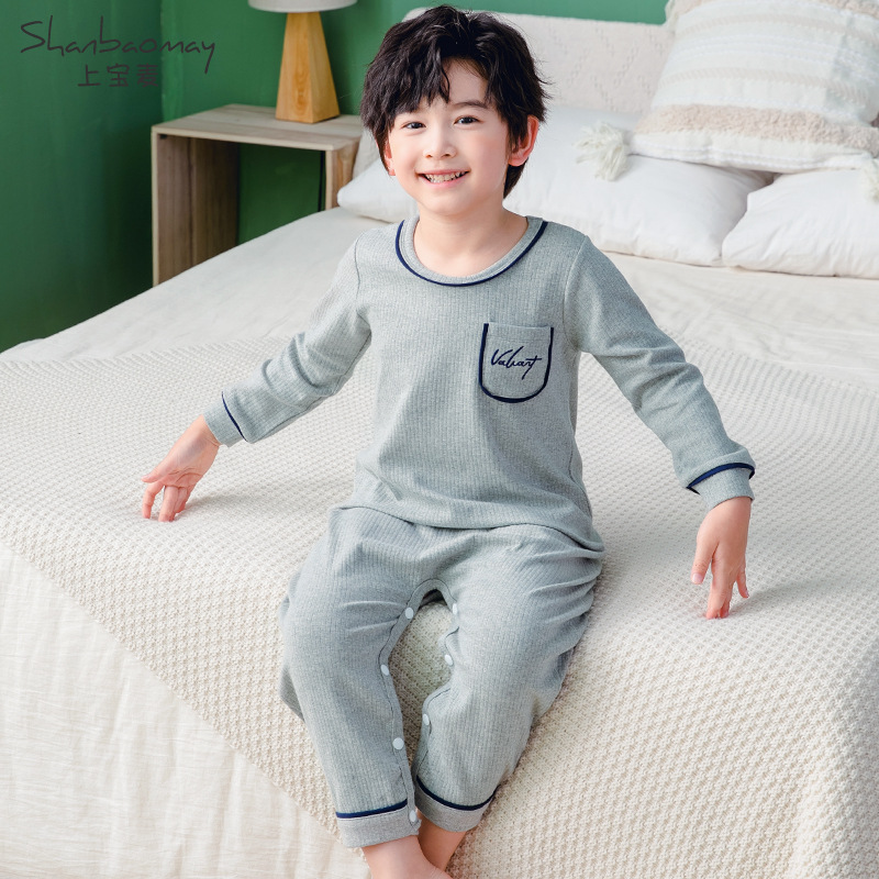 SHANGBAOMAI 어린이 원피스 잠옷 소년 가을, 겨울 두꺼운 면화 아동 잠옷 소년 가정 옷 따뜻한 긴팔 두꺼운