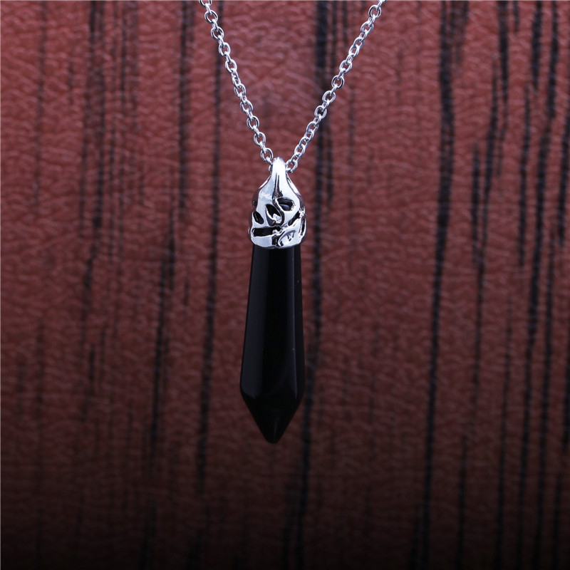 fashion stainless steel black stone hexagonal column pendant necklace