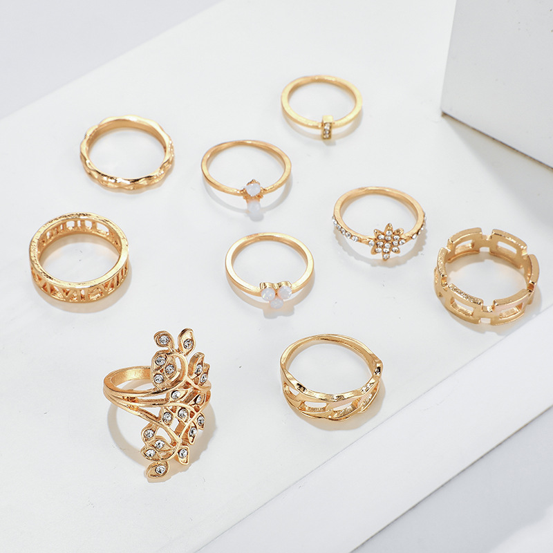 Women's Ring Bohemian Diamond Flower Knot Ring Set Of 9 display picture 7