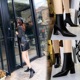 718-5 European and American fashion simple show thin sexy nightclub thick heel high heel pointed tip winter boots versatile thin boots