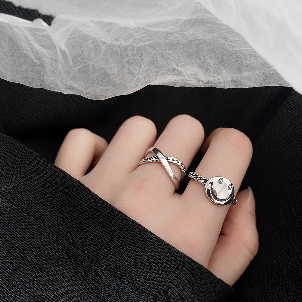South Korea Dongdaemun Style925 Sterling Silver Smiley Ring Women's Cross Chain Internet Celebrity Index Finger Ring Open Ring Adjustable