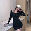 Nightclub sexy mesh stitching Nail Drill V-neck low cut slim fit buttock skirt long sleeve dress