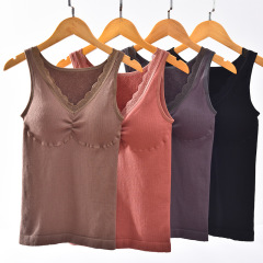 一件代發秋冬加厚毛圈保暖內衣 V領蕾絲無痕保暖背心打底衣帶胸墊