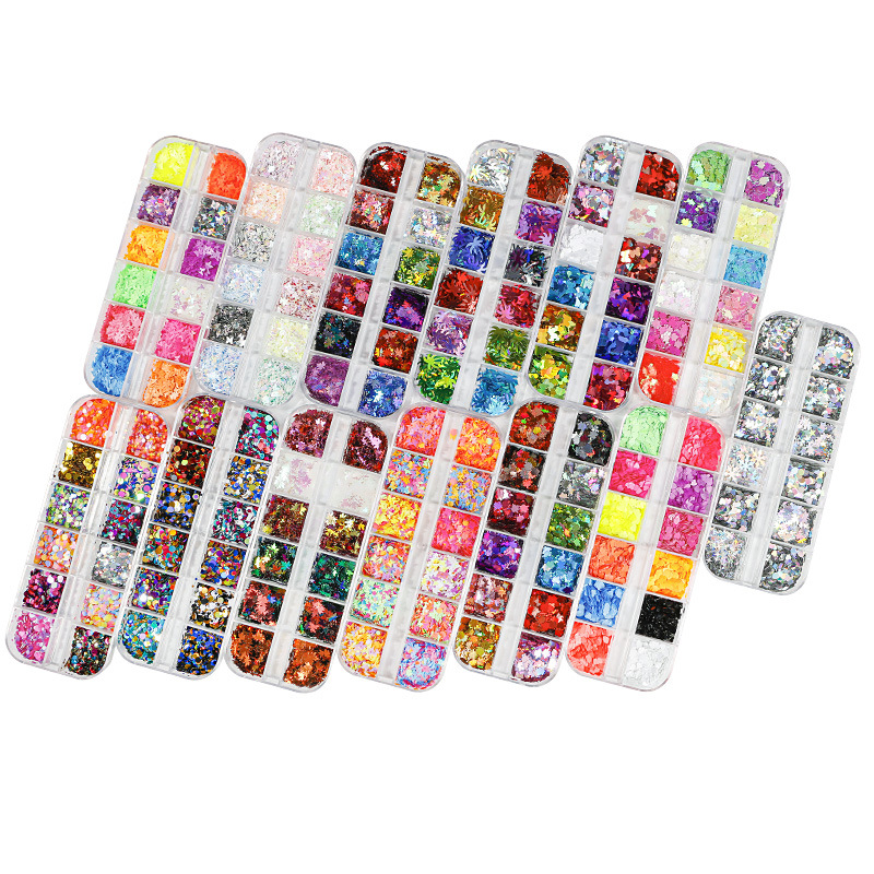 Princesa de uñas caja de tira larga Hoja de arce lentejuelas DIY Hoja de arce copo de nieve mezclado redondo uñas de uñas caja de tira larga lentejuelas