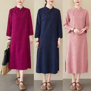 Women chinese qipao dresses Literary loose cotton linen jacquard stand collar long sleeve cheongsam dress women's mid-length