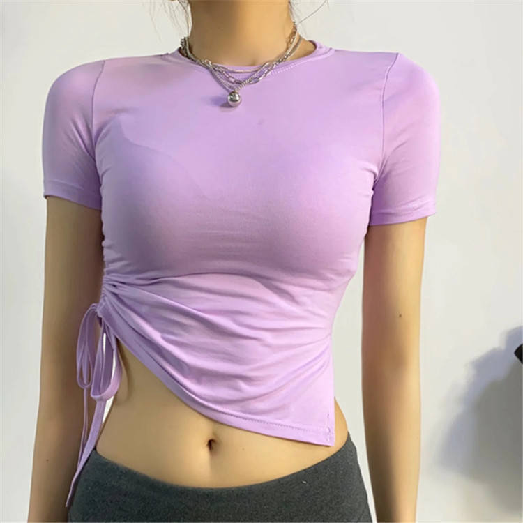 Side drawstring elastic yoga fitness T-shirt NSHS36683