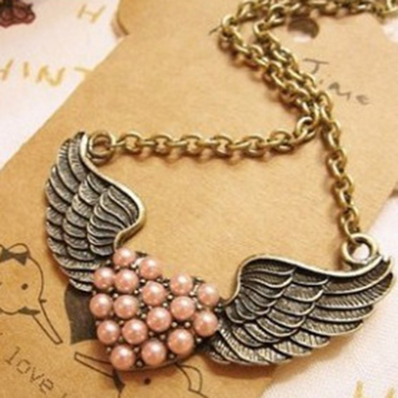 欧美饰品复古项链 隐形的翅膀 桃心 珍珠项链 粉红心形 项饰