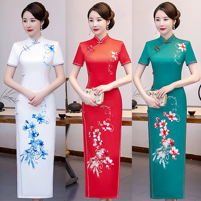 Sexy national show cheongsam long performance costume Retro Vestidos chinos