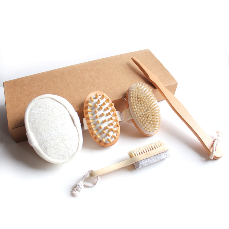 Cross-border Amazon Hot Custom Natural Bamboo and Wood Pig Bristle Bath Brush suit Bath Brush Set